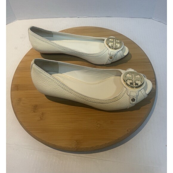 Tory Burch Leticia Peep Toe Low Wedge Ivory Gold Logo Size 7.5M Shoe - Picture 4 of 6